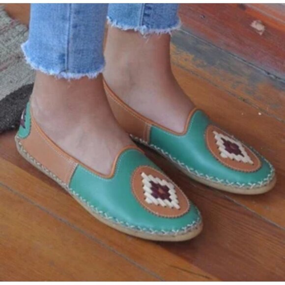 Handcrafted Womens Green & Brown Leather Slip-On Shoes With Woven Pattern Design - Picture 1 of 8